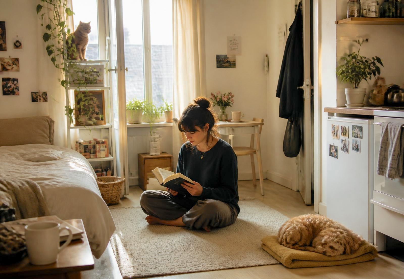 A person reading in a sunlit small apartment with a cat on the windowsill and a sleeping dog nearby