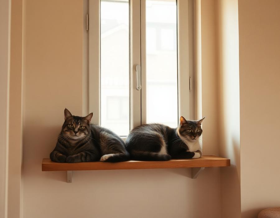 Two cats resting on a wooden shelf by a window in a small studio